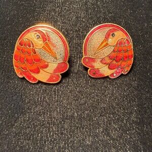 Vintage Red Orange Cloisonne Enamel Bird Stud Earrings Gold Tone Pheonix